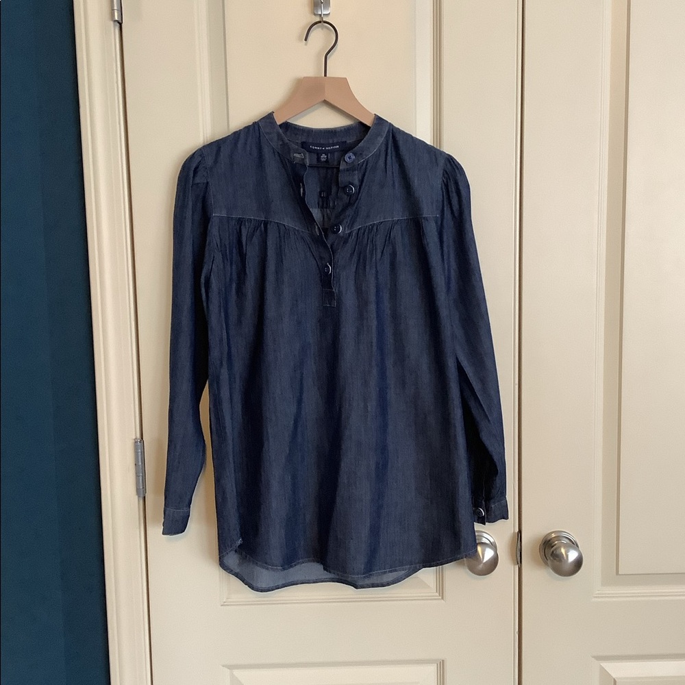 Tommy Hilfiger Band-Collar Indigo Chambray Popover Top Size XS - Picture 1 of 4